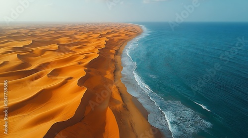 Coastal Desert Landscape: Golden Sand Dunes Meeting Turquoise Ocean Waves on the Shoreline, a Natural Wonder.