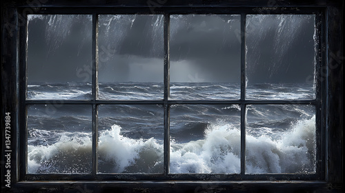 Dramatic rain-soaked window with stormy waves crashing against the glass, evoking nature's raw power. Primordial Glass. Illustration