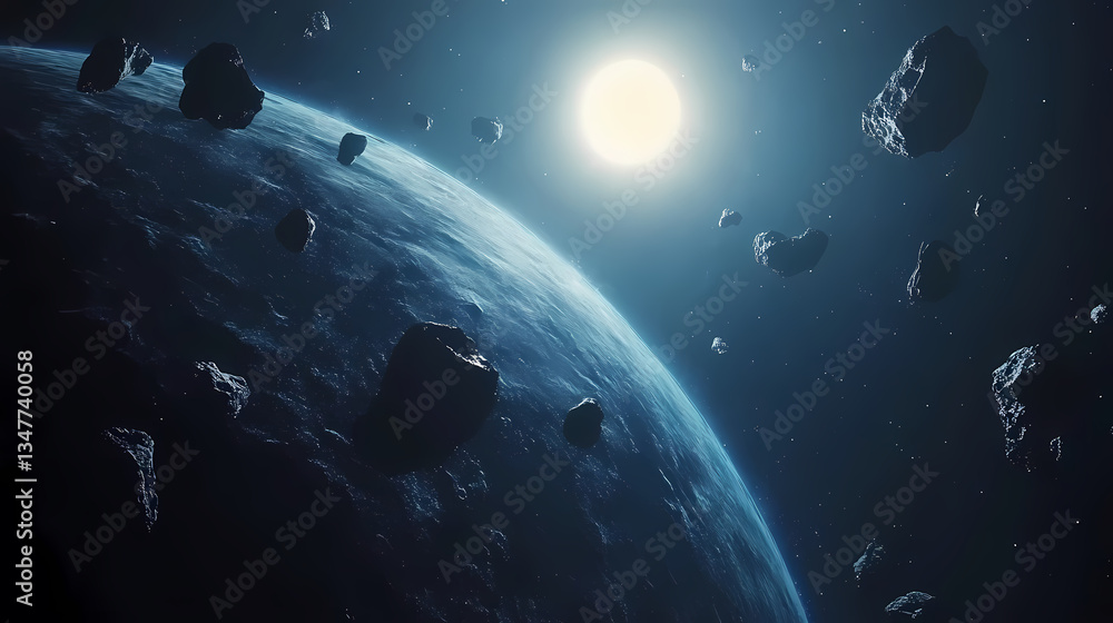Naklejka premium Planet and Asteroids Floating in Space