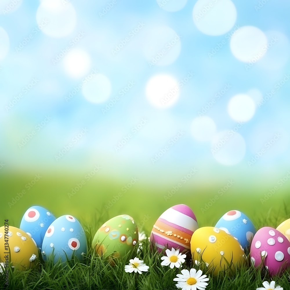 Easter illustration background with eggs in grass and flowers. Blue sky background. background of blue sky with clouds Easter illustration background with eggs in grass and flowers. Blue sky background. background of blue sky with clouds