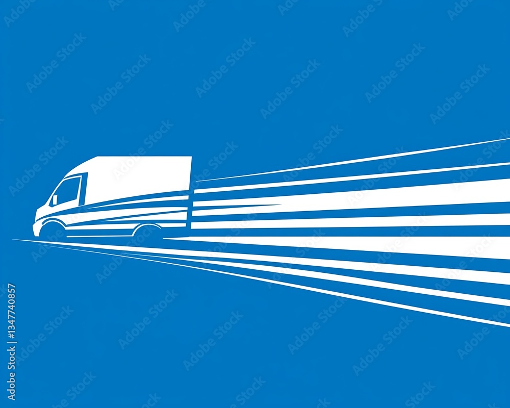Fototapeta premium A stylized white delivery van moving rapidly across a blue background
