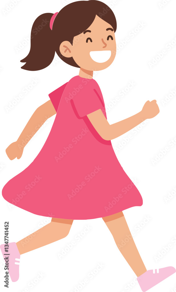 A cheerful girl in a pink dress joyfully running with excitement in a flat vector illustration style A cheerful girl in a pink dress joyfully running with excitement in a flat vector illustration style