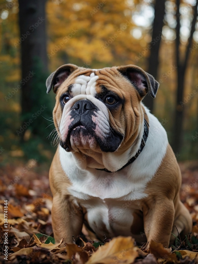 English Bulldog in a forest with autumn leaves. English Bulldog in a forest with autumn leaves.