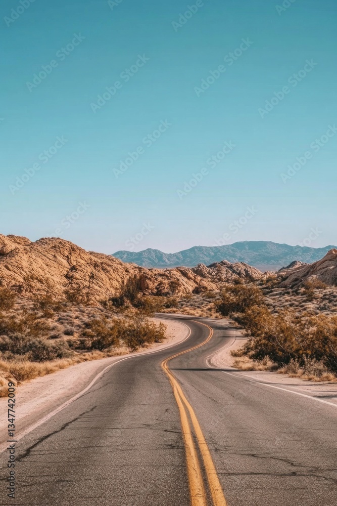 Desert Road Winding Through Mountains Under Clear Sky. Possible use Travel, Adventure Desert Road Winding Through Mountains Under Clear Sky. Possible use Travel, Adventure