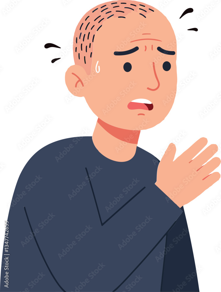 Concerned man with a worried expression in a minimal style, sweating and showing anxiety, captured in flat vector art