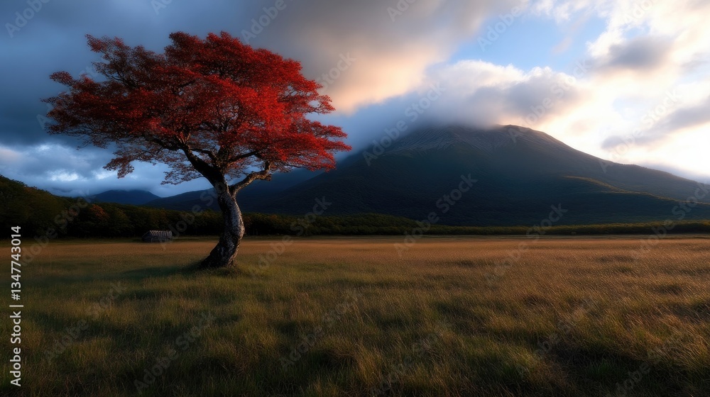 A vibrant red tree stands alone in a golden field, with a mountain range and clouds in the background. A small, rustic cabin rests nearby A vibrant red tree stands alone in a golden field, with a mountain range and clouds in the background. A small, rustic cabin rests nearby