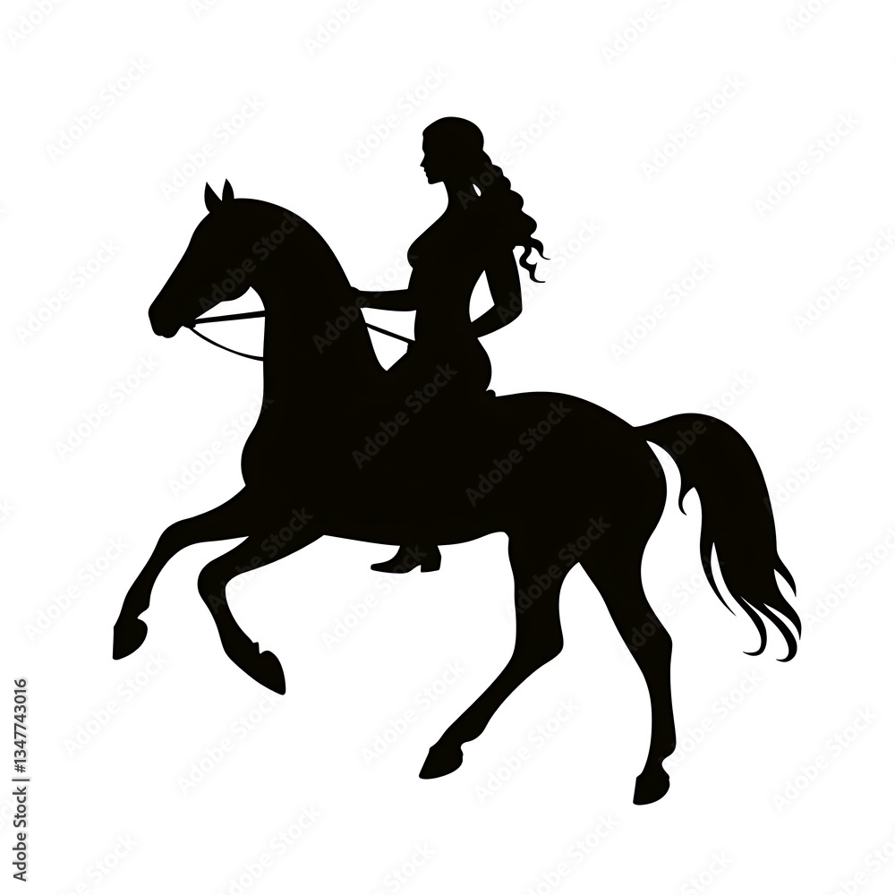Silhouette depiction of a woman riding a magnificent horse elegantly Silhouette depiction of a woman riding a magnificent horse elegantly