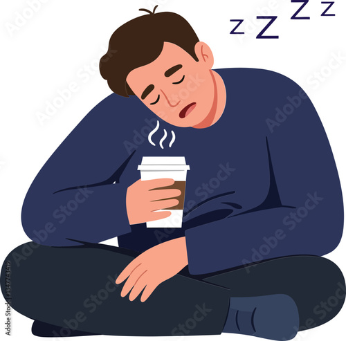 A young man sitting cross-legged with a coffee cup, appearing sleepy and relaxed, in a minimalist flat vector art style