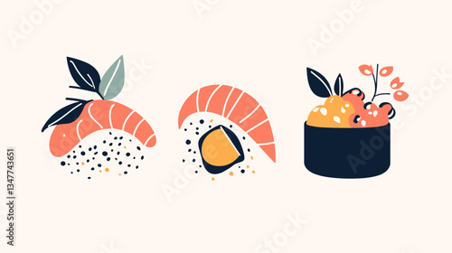 Colorful modern illustration of sushi, showcasing creative designs featuring salmon, rice, and colorful toppings