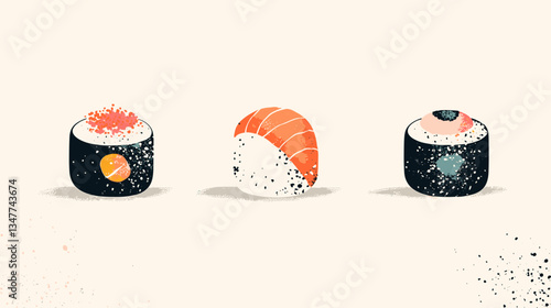 Modern sushi illustration showcasing a variety of sushi types including nigiri and maki with vibrant colors and minimalistic design