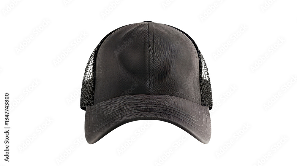 Black trucker cap with mesh back isolated on transparent background Black trucker cap with mesh back isolated on transparent background