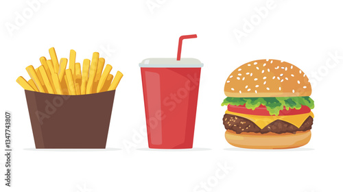 Delicious fast food set featuring burger, fries, and soda in a modern illustration style