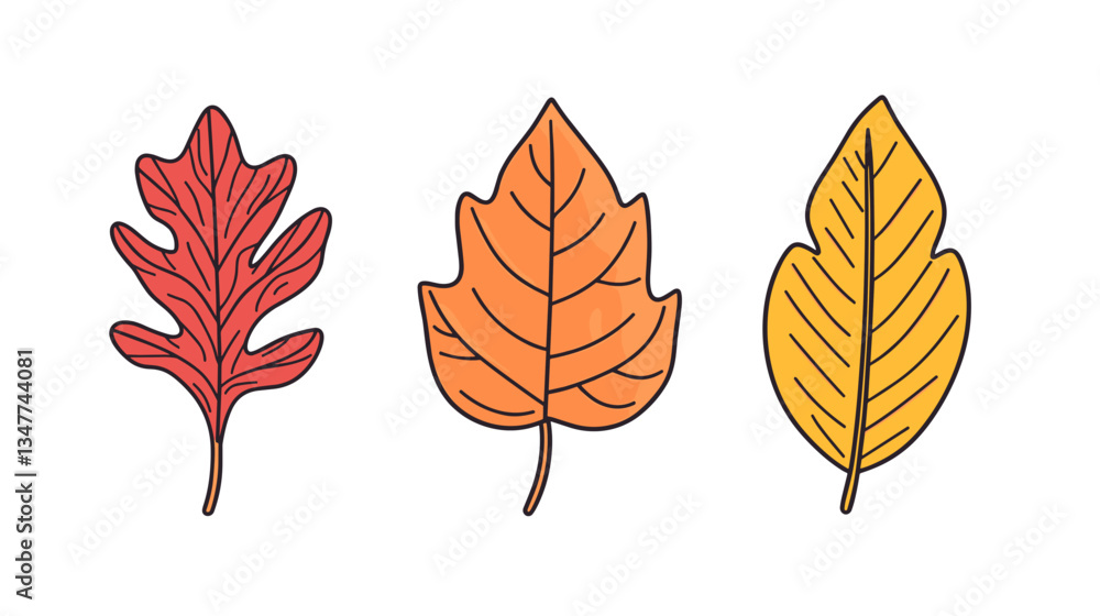 Obraz premium Set of modern style illustrations of colorful autumn leaves showcasing red, orange, and yellow hues