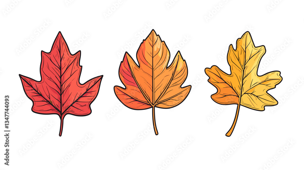 Fototapeta premium Modern illustration of a colorful set of autumn leaves in vibrant red, orange, and yellow shades on a white background