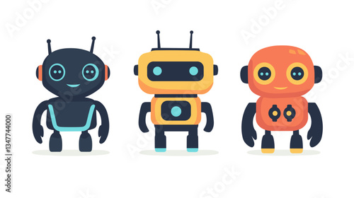 Illustration of three cute modern robots in playful poses, showcasing diverse designs and colors