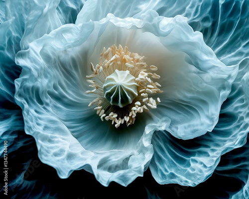 white poppy with yellow petals on blue background