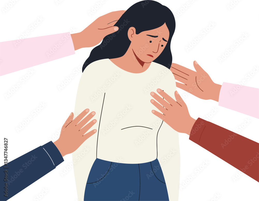 A woman with a distressed expression surrounded by multiple reaching hands in a flat design style, conveying themes of pressure and emotional struggle in vector illustration