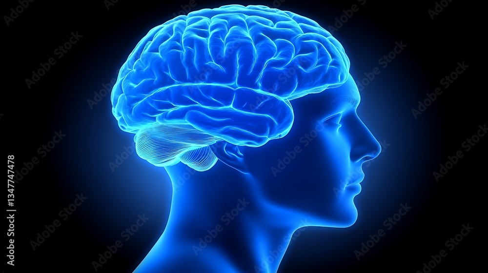 Illuminated Blue Rendering Of A Human Brain And Head Illuminated Blue Rendering Of A Human Brain And Head