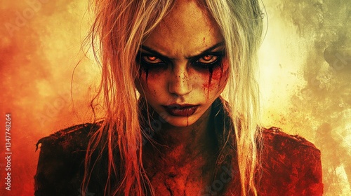 Fierce, Bloody Female Figure in Hellish Flames