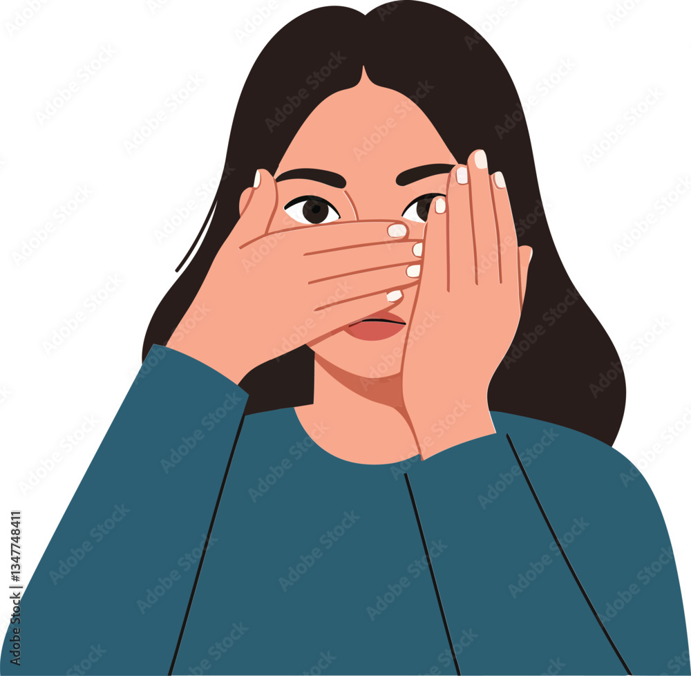 A young woman playfully covering her eyes with her hands in a minimal and flat design style vector illustration