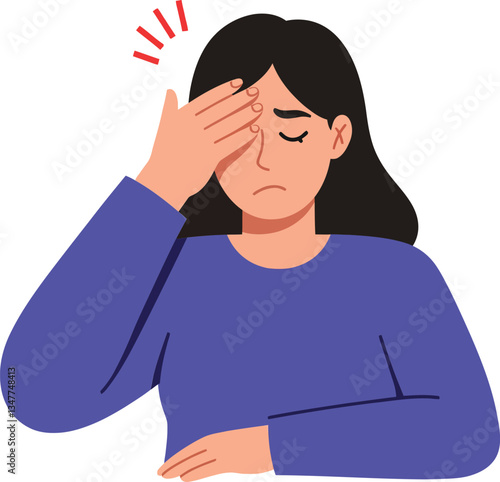 A woman with long dark hair, wearing a blue shirt, expressing frustration with her hand on her forehead in a flat vector illustration