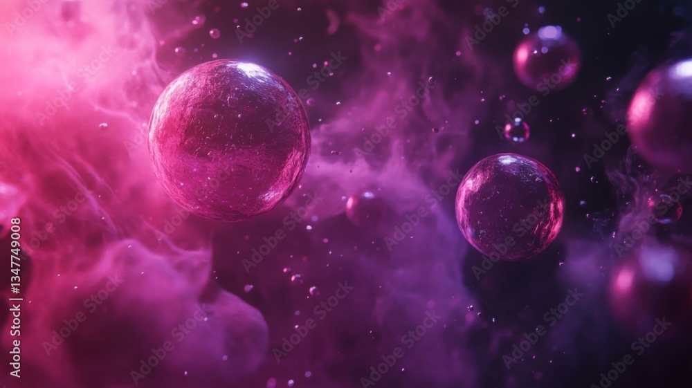 Fototapeta premium Pink and Purple Spheres Float in a Nebulous Cloud