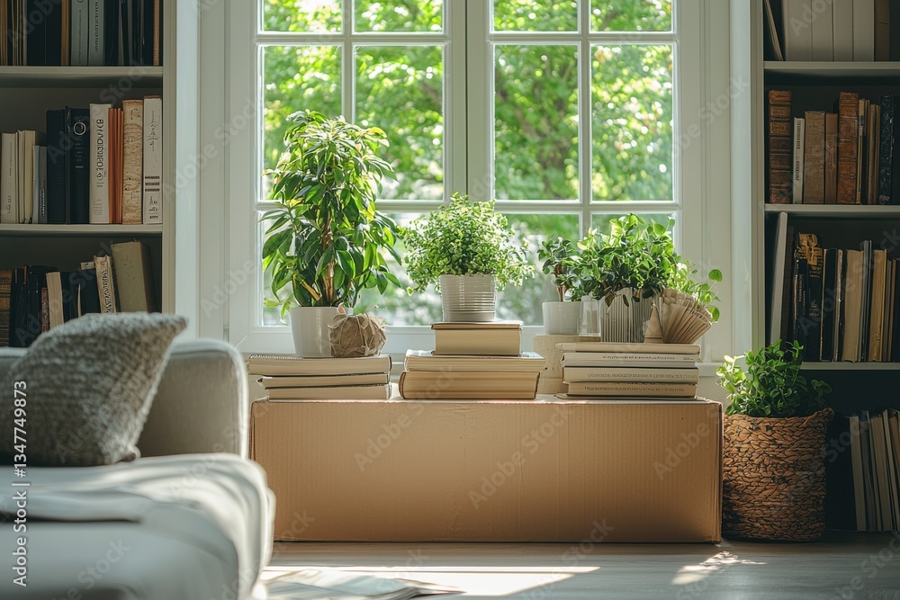 Obraz premium Neatly packed boxes of books and decor in a bright modern interior