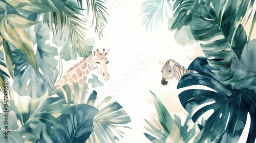 Ilustración de jirafa y cebra en un entorno tropical