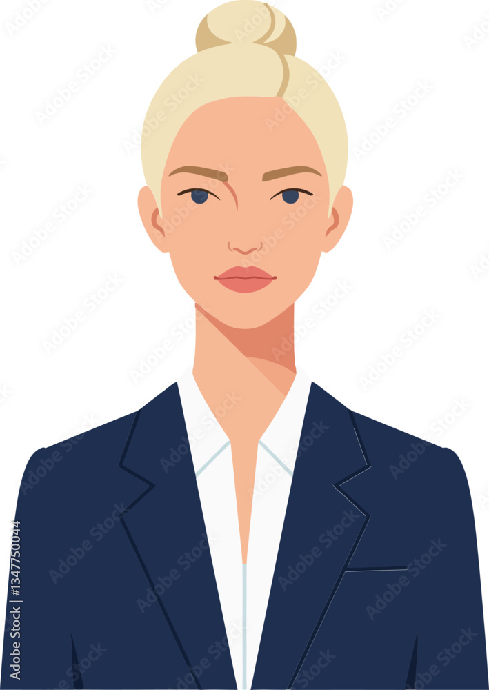 Professional woman in a dark suit with a bun hairstyle, showcasing confidence in a minimal and clean vector illustration