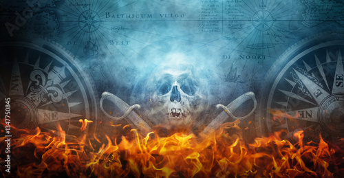 Scull and pirate pistols and an old compass, ancient map. Background on the t...