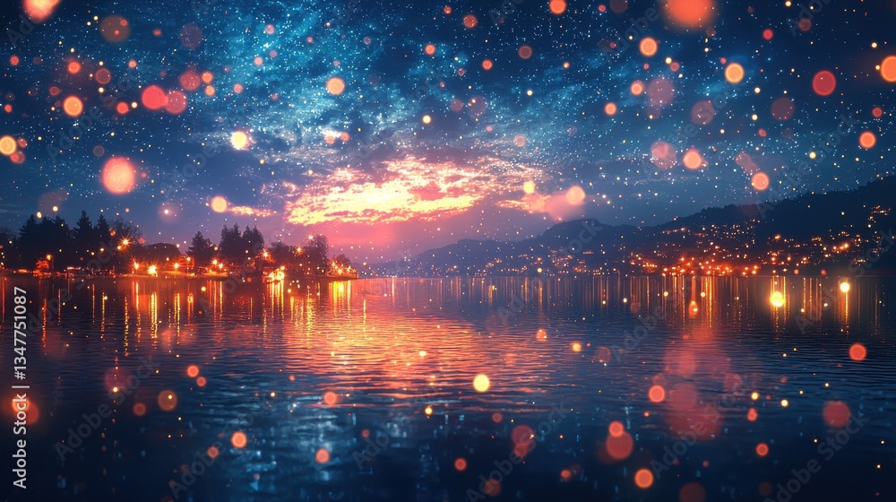 Naklejka premium Romantic night under fireworks with reflections on water