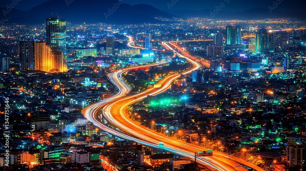 Fototapeta premium An elevated nighttime cityscape with illuminated buildings and flowing roadways