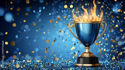 A blue trophy with golden flames and sparkles on a glittering blue and gold background symbolizing victory and celebration