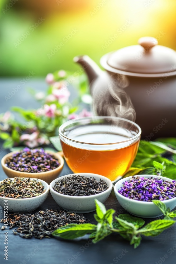 Fresh green lush tea leaf with hot tea and other ingredients. Fresh green lush tea leaf with hot tea and other ingredients.