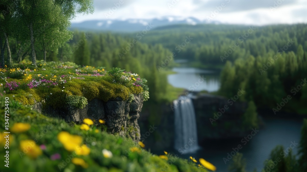 Fototapeta premium Lush forest cliff overlooking a tranquil waterfall and lake. A vibrant display of wildflowers and moss