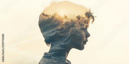 A serene portrait of a young boy with ocean waves and clouds superimposed, creating a dreamy atmosphere.