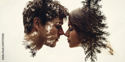 A young interracial couple shares an intimate moment, their faces merging with a serene forest backdrop.