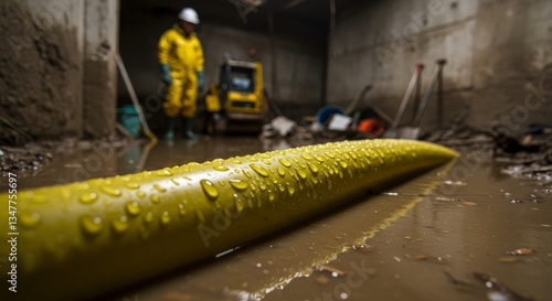 Yellow Water Hose in a Muddy Basement During Flood Repair