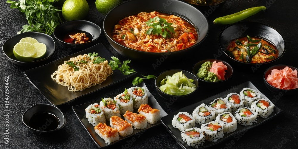 Variedad de sushi y fideos asiáticos en platos negros Variedad de sushi y fideos asiáticos en platos negros