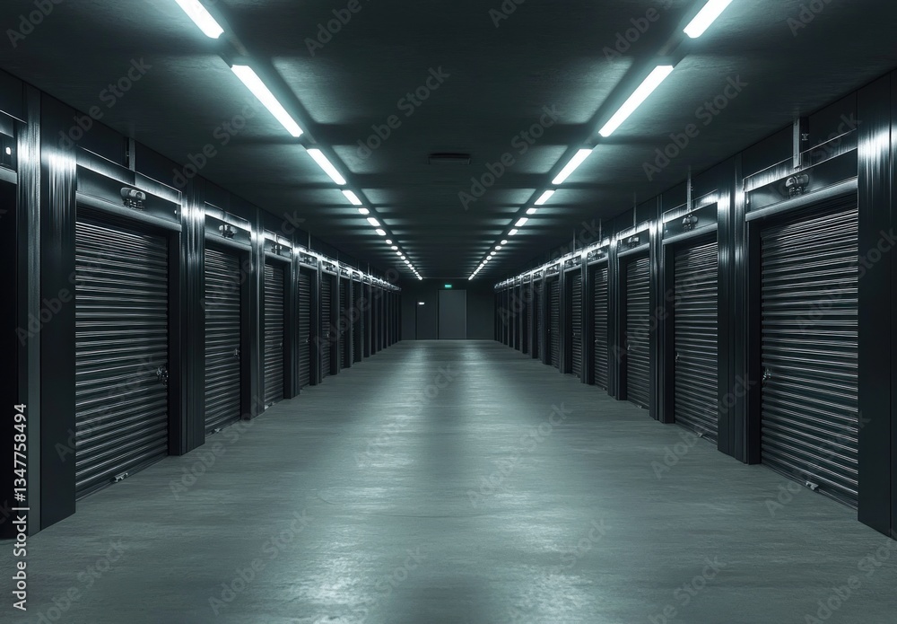 Obraz premium Long corridor of dark gray storage units with bright fluorescent lights.