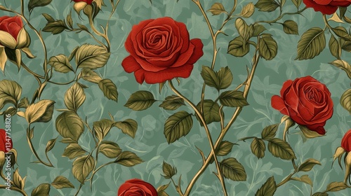 Patrón floral de rosas rojas sobre fondo verde