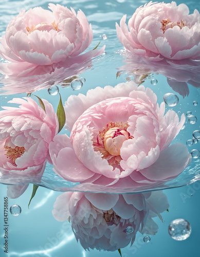 Delicate pink peonies floating in crystal-clear water, surrounded by shimmering air bubbles.