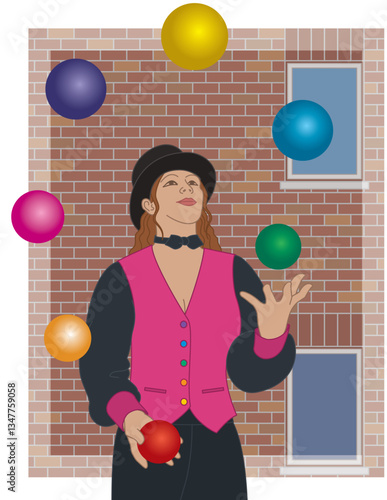 female juggler and entertainer juggling colorful balls on the street with a brick wall in the background