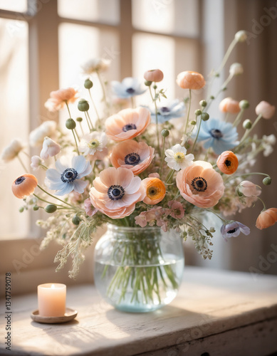 Dreamy floral composition with delicate pastel-colored flowers, including anemones, ranunculus, and wildflowers. Soft sunlight filtering through. A romantic, airy atmosphere.