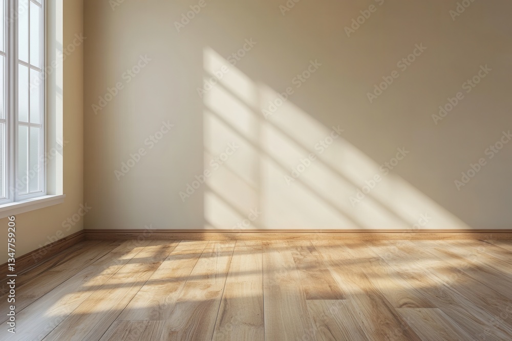 Empty room with sunlight streaming through window onto hardwood floor. Good for interior design or real estate marketing presentations. Empty room with sunlight streaming through window onto hardwood floor. Good for interior design or real estate marketing presentations.