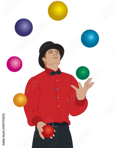 male juggler and entertainer juggling colorful balls isolated on a white background