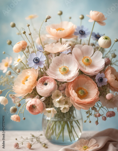 Dreamy floral composition with delicate pastel-colored flowers, including anemones, ranunculus, and wildflowers. Soft sunlight filtering through. A romantic, airy atmosphere.