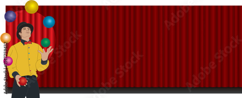 male juggler and entertainer in the spotlight juggling colorful balls on stage with red curtains in the background, suitable for website banner or header
