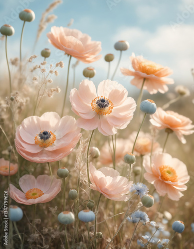 Dreamy floral composition with delicate pastel-colored flowers, including anemones, ranunculus, and wildflowers. Soft sunlight filtering through. A romantic, airy atmosphere.