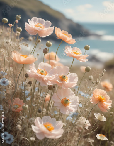 Dreamy floral composition with delicate pastel-colored flowers, including anemones, ranunculus, and wildflowers. Soft sunlight filtering through. A romantic, airy atmosphere.
